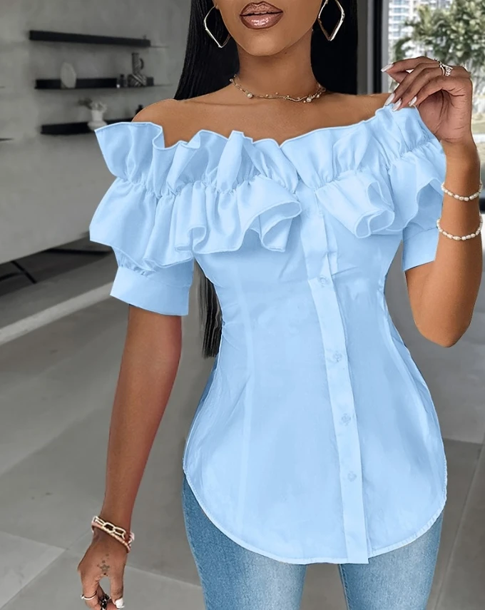 Women\'s Elegant Top 2024 Spring Summer Latest Casual Button Ruffles Asymmetric Hem T-Shirt Off The Shoulder Short Sleeve Blouses