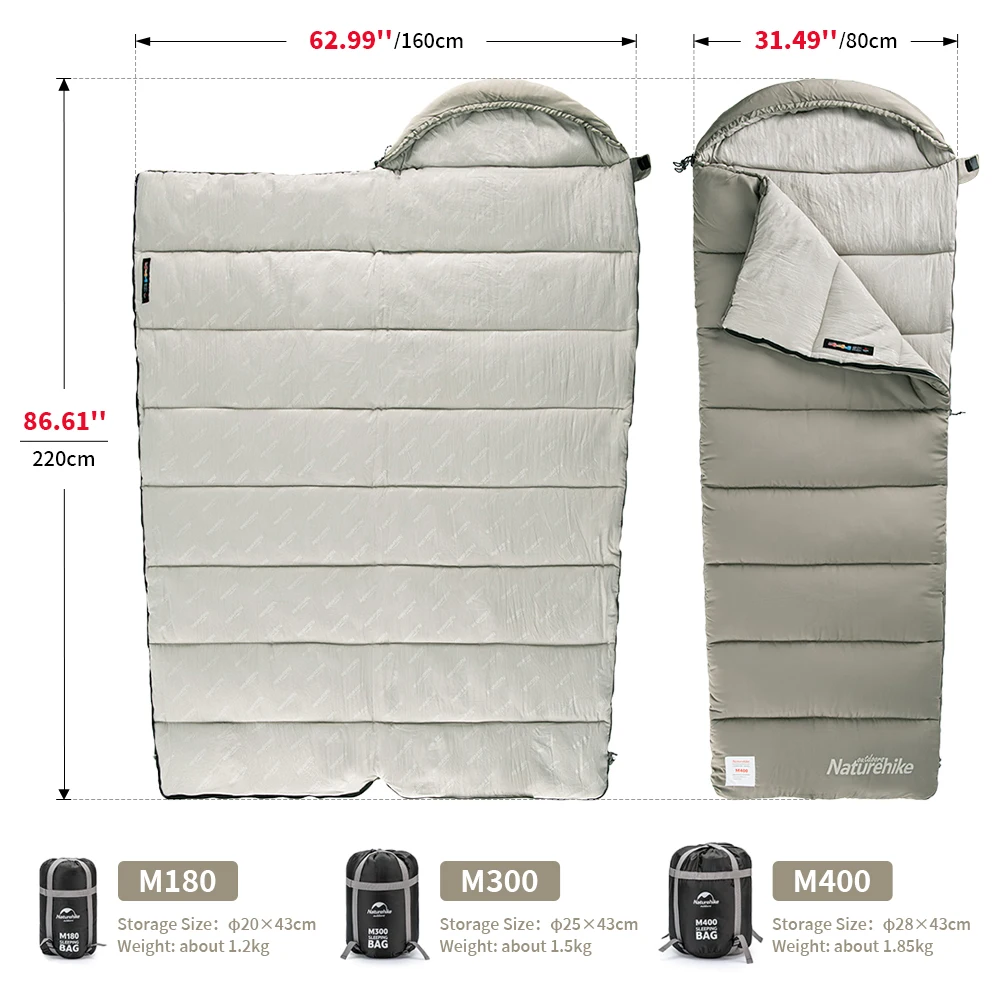 Naturehike M180 Sleeping Bag Ultralight Winter Spliceable Hooded Sleeping Bag Outdoor Camping Waterproof Machine Washable 1℃-12℃