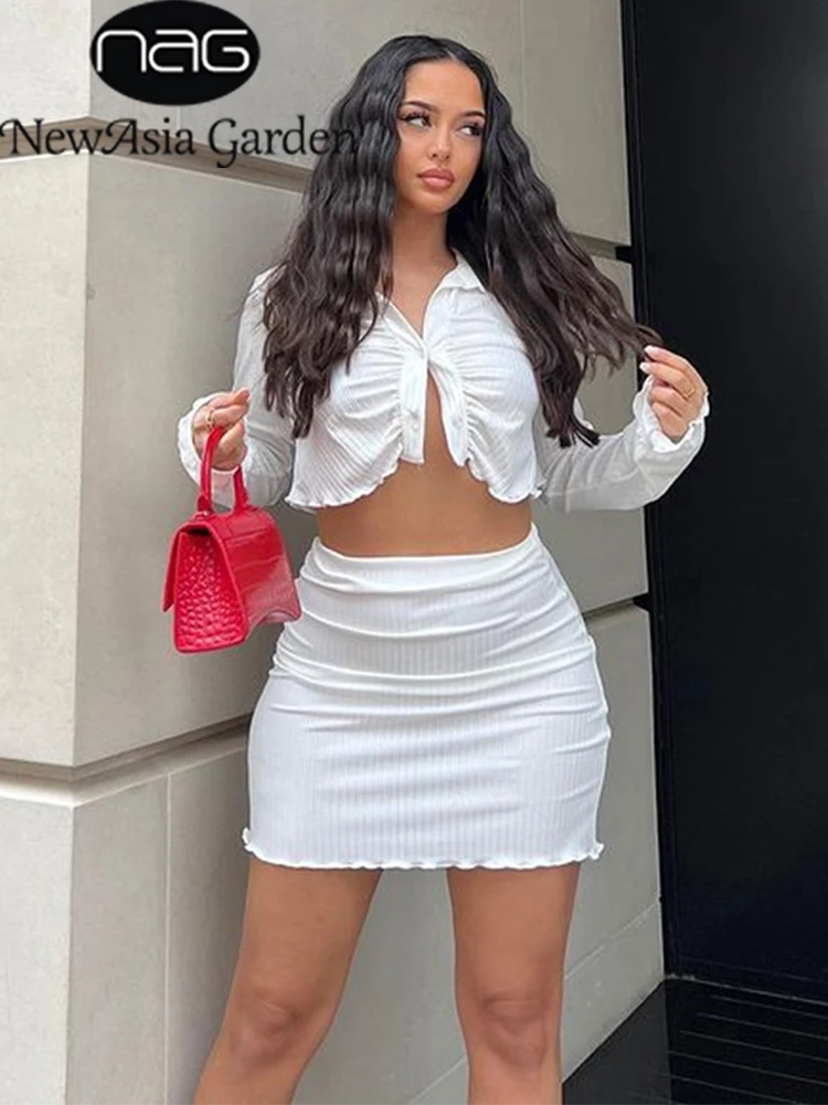 

NewAsia Womens Two Peice Sets Ruched Ruffle Slim Fit Single Breasted Long Sleeve Crop Top And Elastic Sexy Mini Skirts Sets 2022