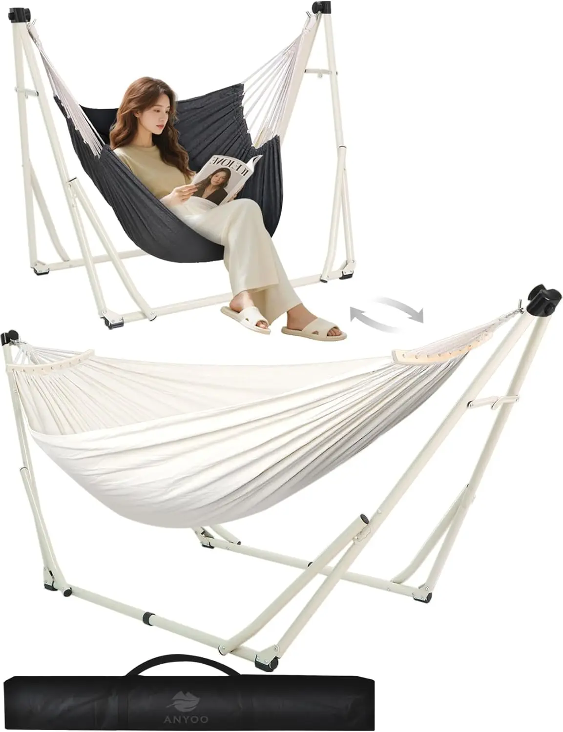 2-in-1 Hammock and Swinging Chair with Folding Steel Stand and Travel Bag, Portable and Height-Adjustable, Effortless Setup for Indoor, Outdoor, Porch, Patio, Garden, Camping