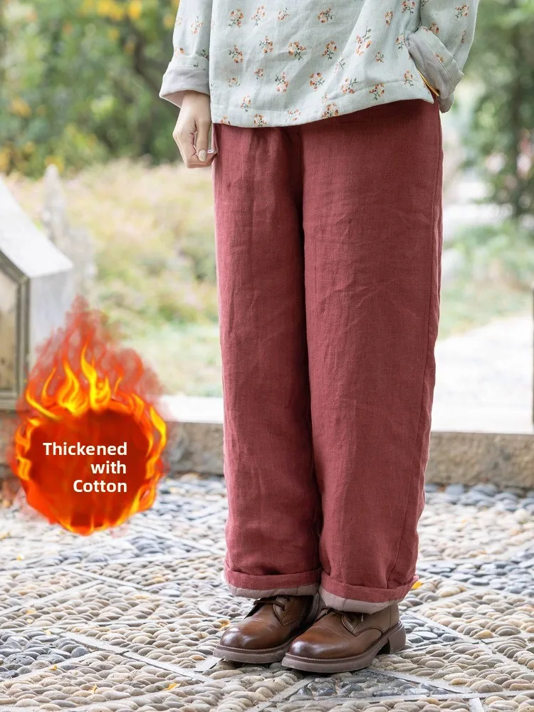 

Хлопковые льняные брюки в стиле ретро, женские зимние хлопковые брюки с эластичной резинкой на талии, теплые дзен-необработанные хлопковые брюки