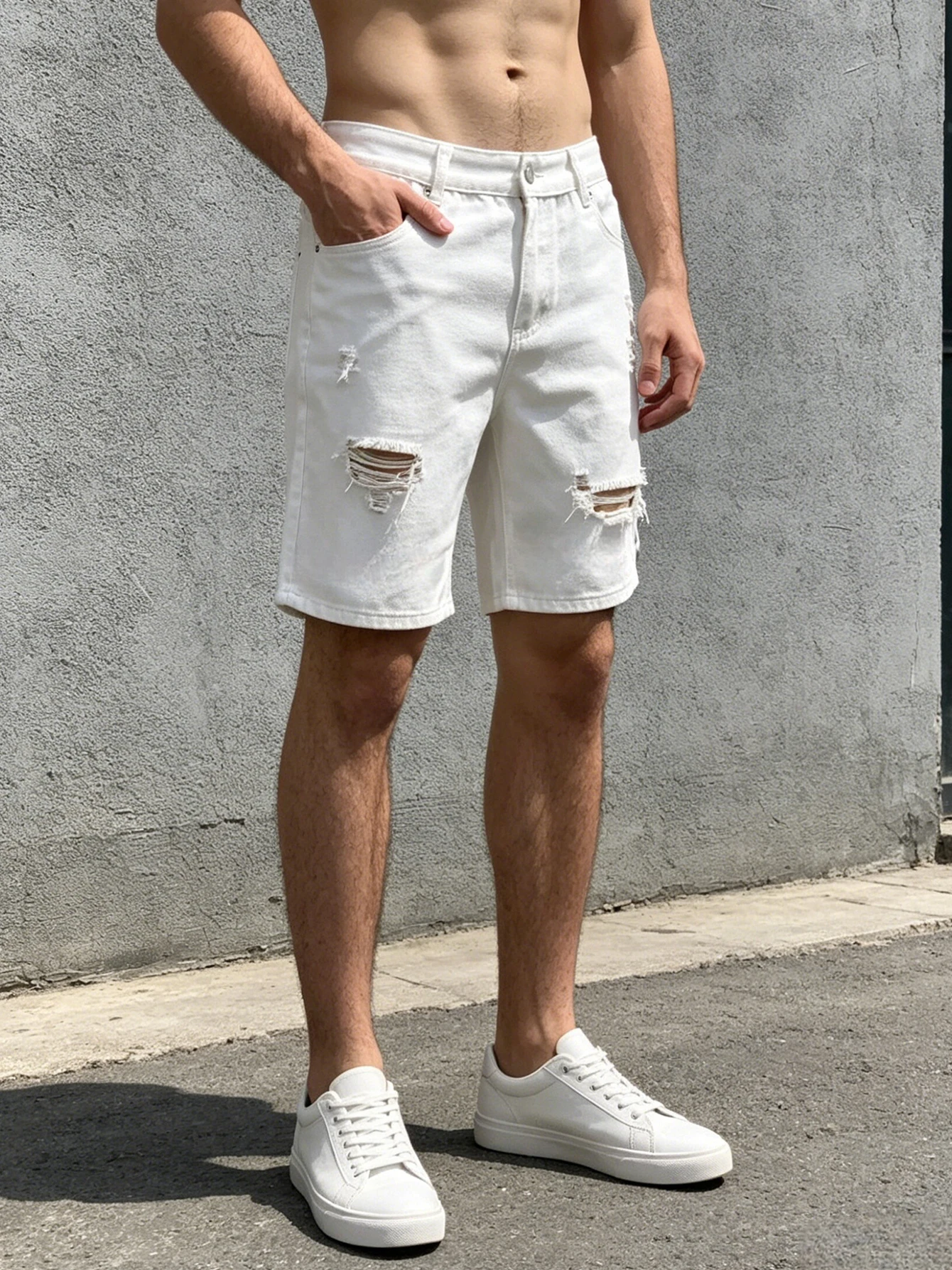 Men Jeans Denim Pants Clothing Trousers Shorts Men's Casual White Distressed Ripped Straight Leg Denim Shorts view 5