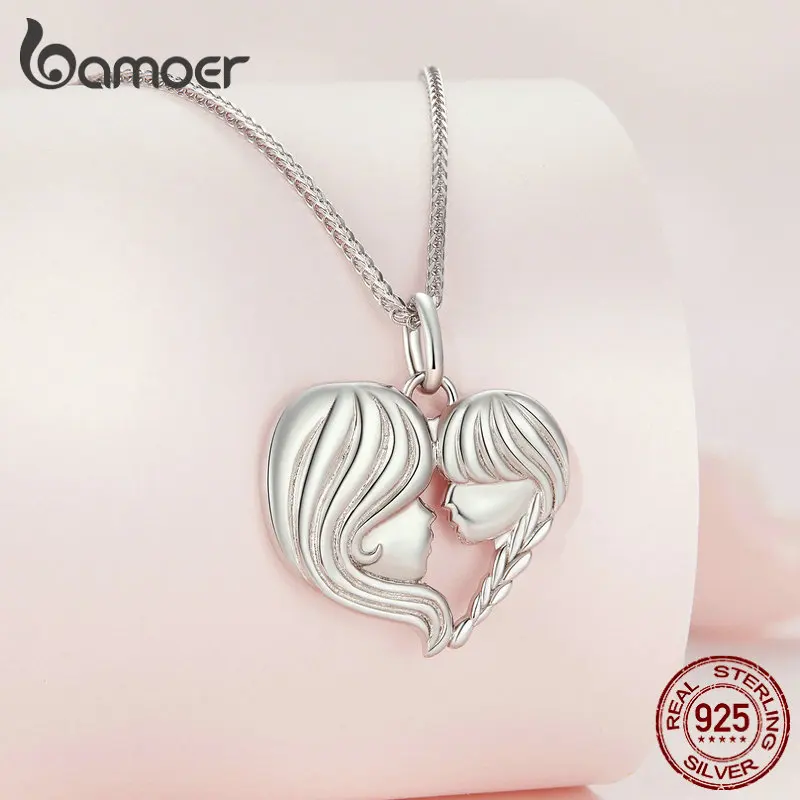 Bamoer 925 Sterling Silver Mother and Daughter Heart Shape Pendant Necklace for Women Birthday Mother's Day Gift Fine Jewelry