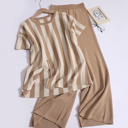 Women Spring Summer Chic Striped Split Top Elastic Band Wide Leg Pants Two-piece Set Loose Thin Short Sleeved Pullover Knit Set