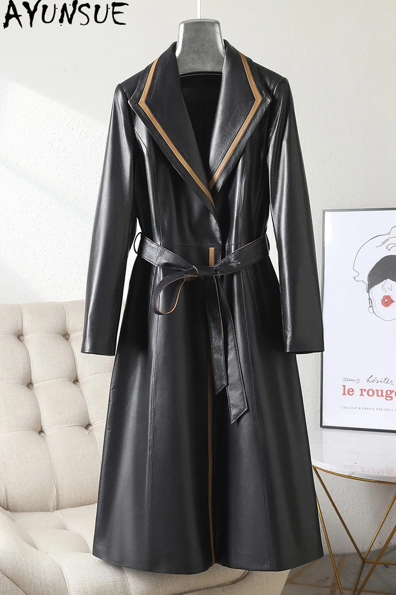 AYUNSUE Giacca in vera pelle Donna Strato superiore Pelle di pecora Cappotti da donna Lace-up Autunno Abbigliamento donna Trench lungo Jaqueta Couro