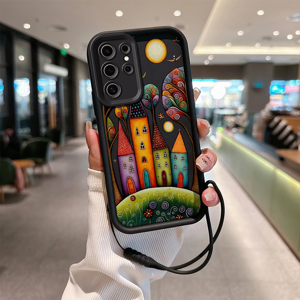Hand Painted Forest House Illustration Phone Case for Samsung S24 S23 S22 S21 S20 Plus Soft Silicone TPU Cover with Hand Strap