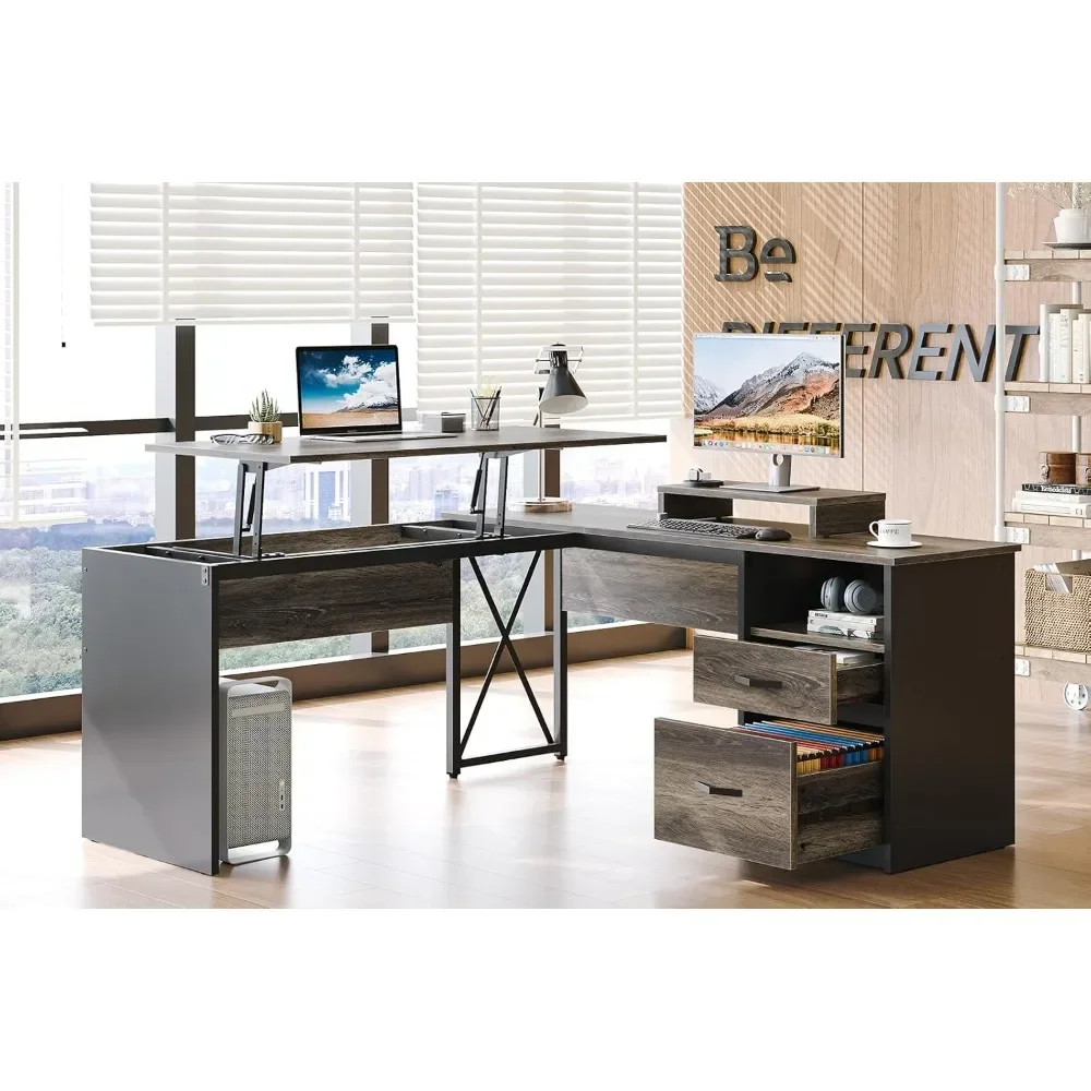 Lift Top L Shaped Desk with File Drawer, 55'' x 55'' Office Desk with Reversible Storage Drawers, L Shaped Standing Desk