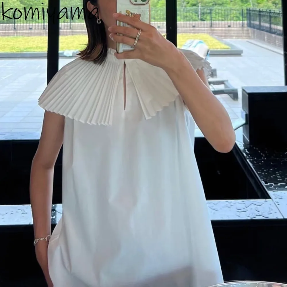 

Japan Style Elegant Pleated Collar Shirts Upscale Loose Blusas Mujer Ins Tops Summer Fashion Sleevelss Blouses Women