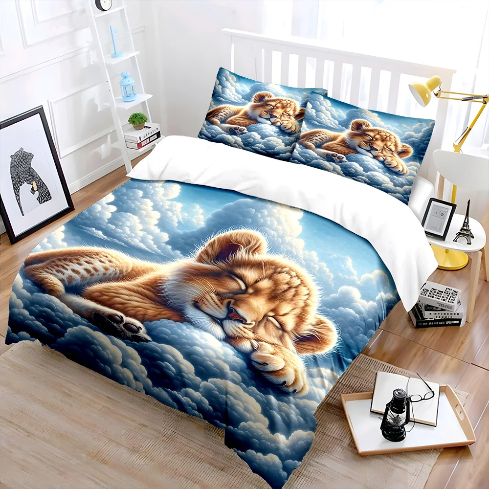 Lion Cub Sleeping in Clouds Print Bedding Set 1 Duvet Cover 2 Pillowcases for Adult and Children Luxury Gift Full Size