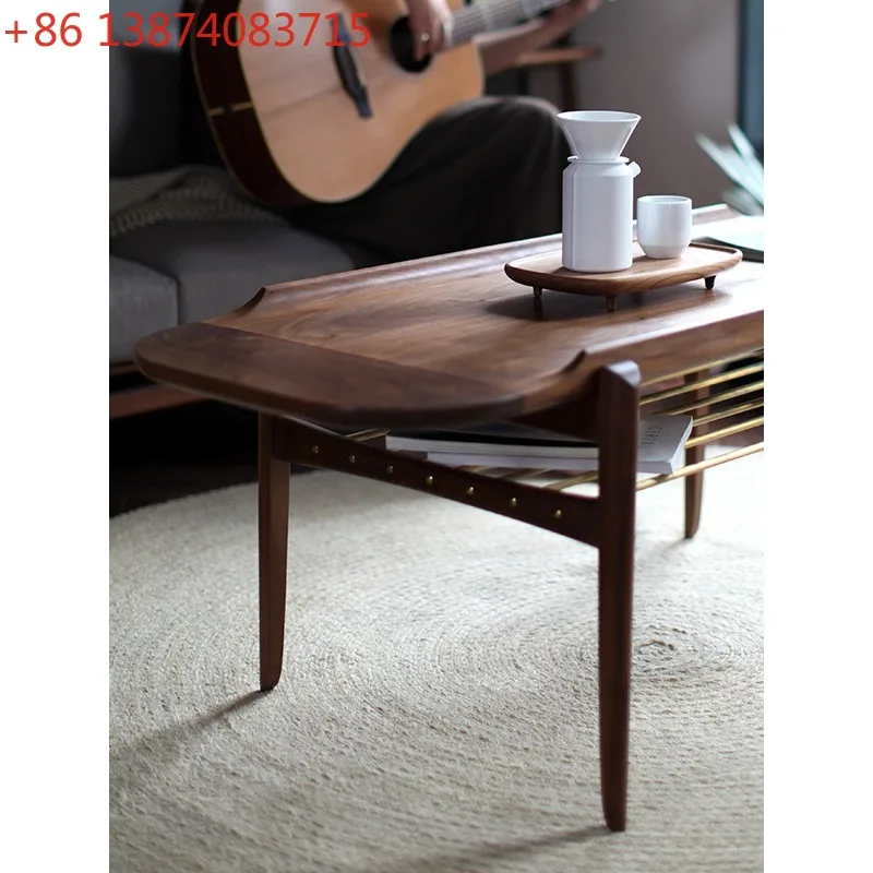 Coffee table, light luxury Nordic style black walnut original solid wood long table, copper and wood combination