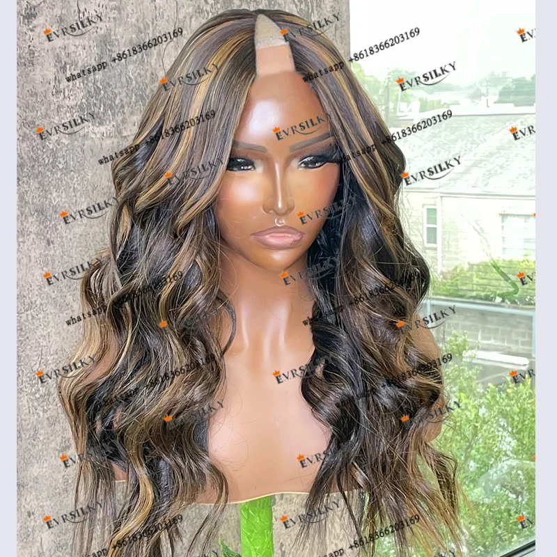 Long Highlight Dirty Brown Human Hair Opening V Part Full Machine Made Wigs for Black Women Ash Brown Adjustable V Part Wigs