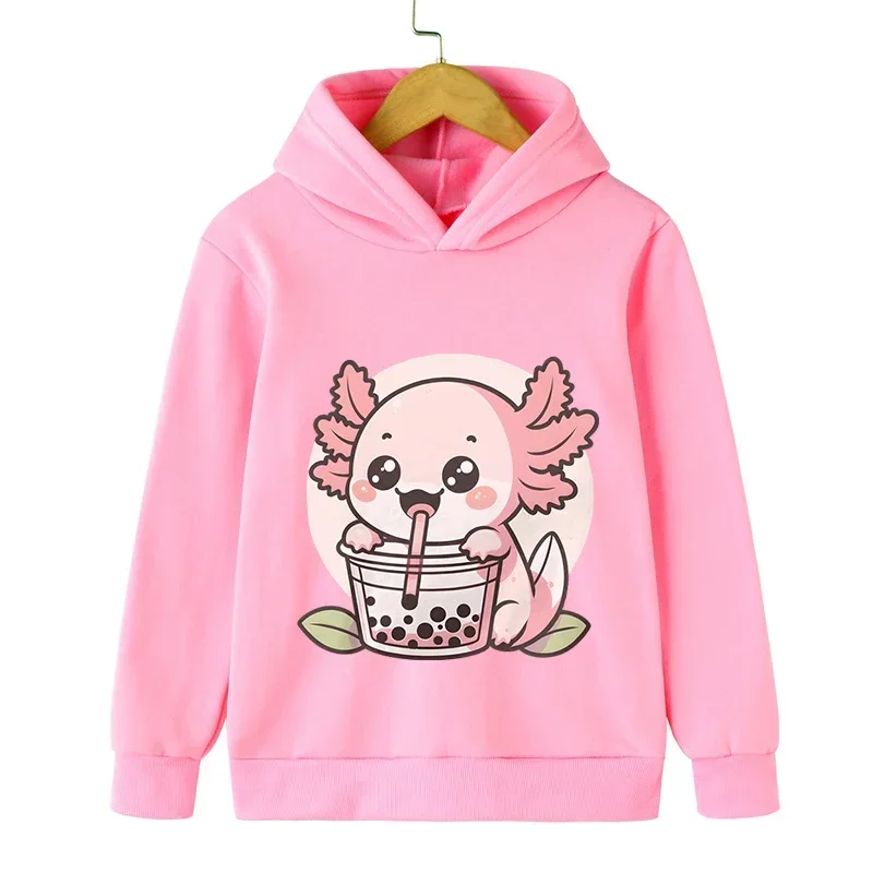 

Autumn Spring Children Axolotl Bobo Tea Sweatshirt Kid Cartoon Animal Milk Tea Pullover Long Sleeve Lovely Style Boy Girl Hoodie