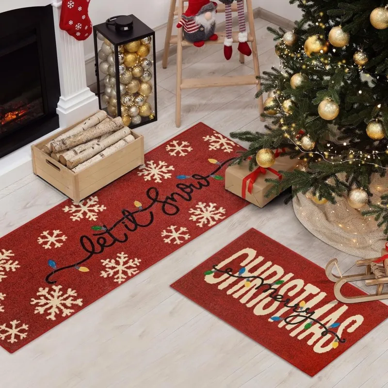 VIKAMA 1/2pcs Wine Red Pine Forest LET IT SNOW Kitchen Rug Dirt Resistant Non Slip Living Room Fireplace Bathroom Home Decor