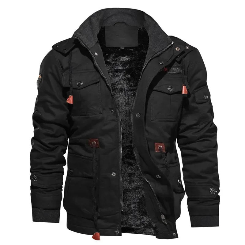 Men's Hooded Plush Jackets, Thickened Coat, Tactical Cotton, Medium and Long, Work Clothes, Bomber Coats, Large, Autumn, Winter