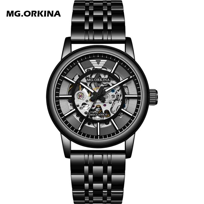 MG.ORKINA Men Watch Analog Automatic Mechanical Skeleton Transparent Dial Luxury Stainless Steel Fashion Male Clock Gift for Him