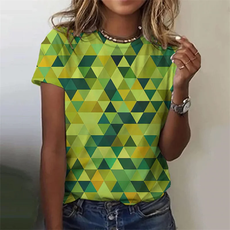 Colorful Geometric Pattern T-Shirt For Women Color Block 3D Printed Short Sleeves Summer Harajuku Loose T Shirts O-Neck Tops Tee