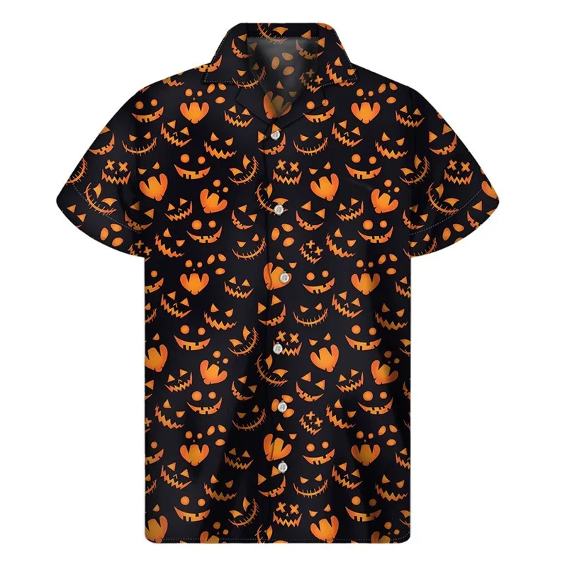 Men\'s Pumpkin Head Printed Shirt, Cuban Collar, Holiday Party Shirt, Casual Street, Short Sleeved, Fashionable, Halloween