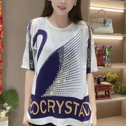 2024 Summer New Women's Pullovers Crew Neck Printed Swan Diamonds Letter All-match Elegant Loose Half Sleeve Tops T-shirt