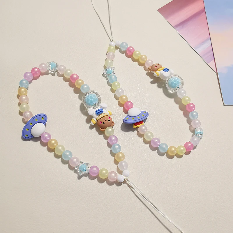 Mobile Phone Lanyard Short Style Wrist Fresh Pendant Space Bear Spaceship Frosted Colored Bead Pendant Anti Loss Lanyard for Key