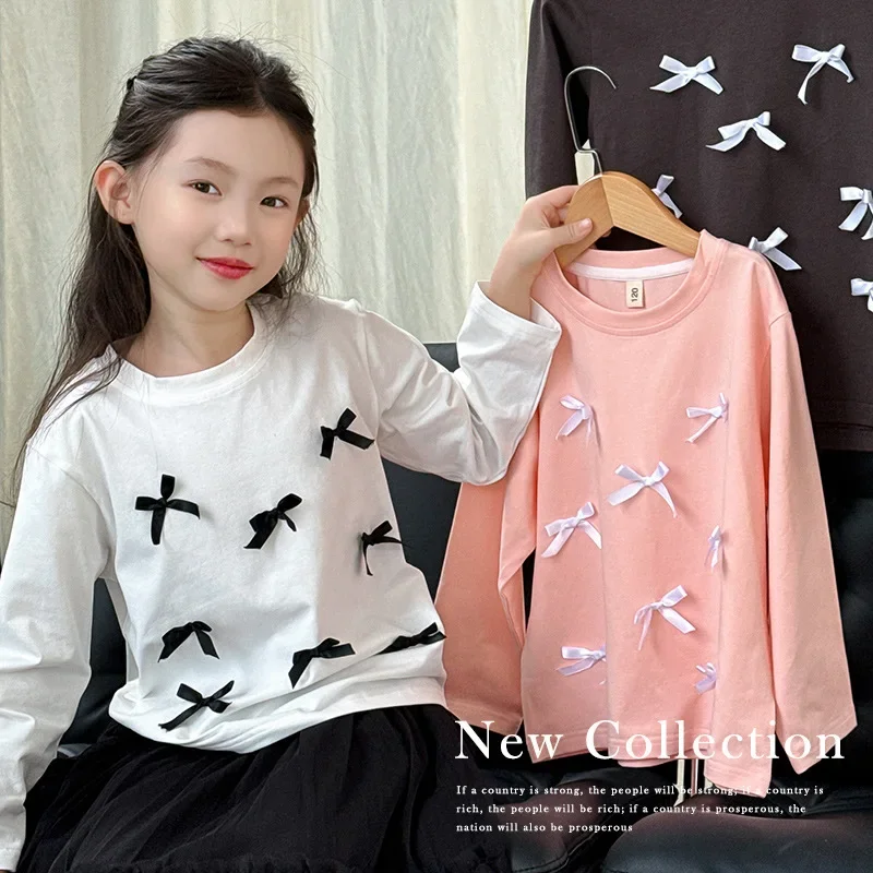 Baby Girls Long Sleeved T-shirt Kids Bow-knot Pullover Teens Top Tees 2024 Spring Autumn 3 To 12Yrs Children's Clothing Fashion