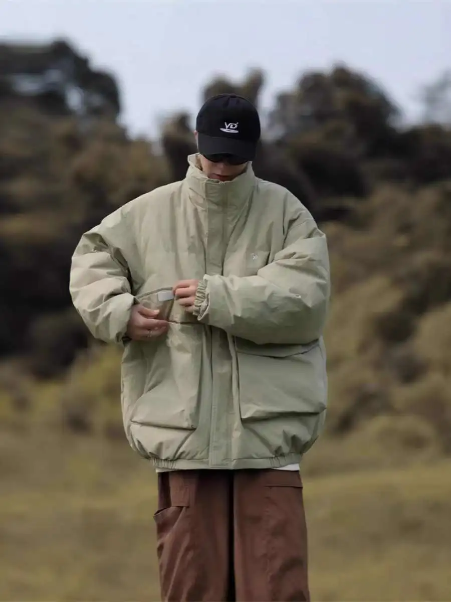 الأمريكية الرجعية Thiened القطن Jaet الرجال شتاء جديد فضفاض طوق الخبز Sle Faionable العلامة التجارية سستة طويلة لون نقي #1