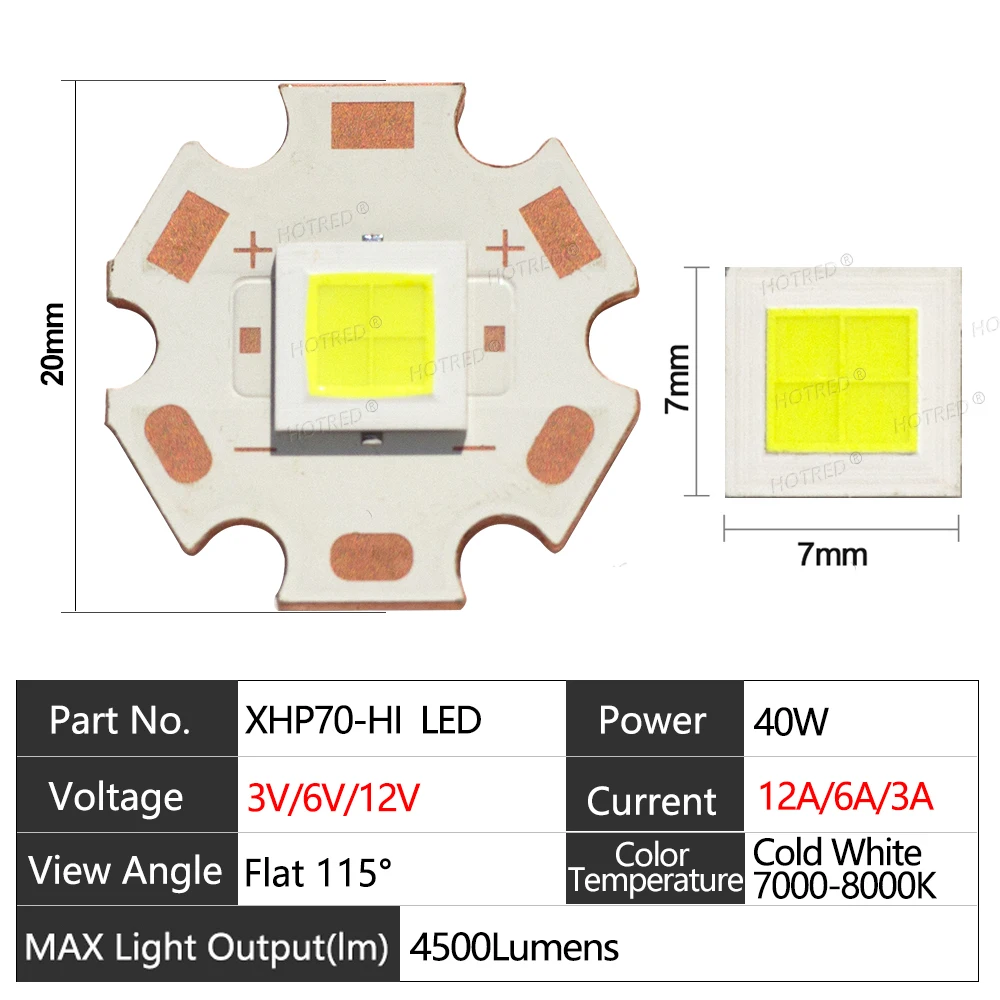 懐中電灯ソース用コールドホワイトランプ、ハイパワー、3a、0.5 a、6v、12v、xhp70、xhp70.2、7070、20w、40w、6a、3a、1.5a、12a、4500lm