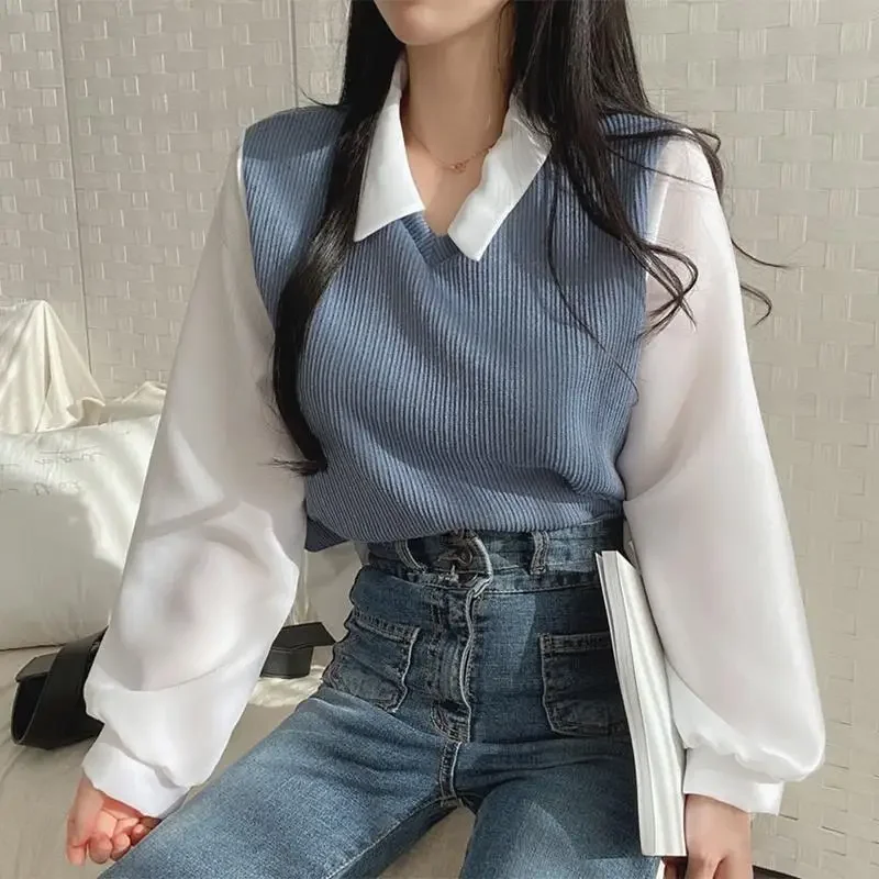 Blus Polo dua potong palsu untuk wanita, Atasan kemeja musim semi kasual Korea, blus elegan pullover wanita longgar