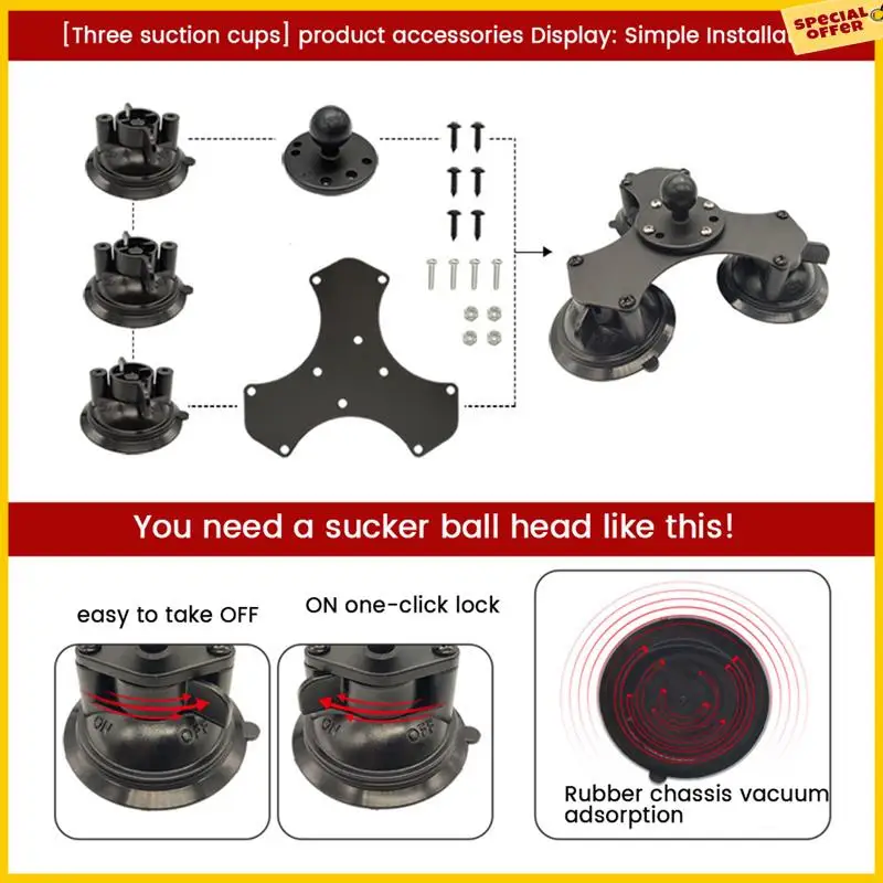 A25P Ballhead Car Window Twist-Lock Triple Suction Cup Base With AMPS Hole Ball Mount For Gopro Camera Smartphone