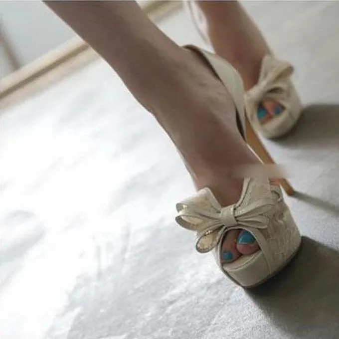 

Ladies Flower Lace Patchwork Bowtie Wedding Pumps Thin Stiletto Heel Side Cut platform Peep Toe Female Slip On Bridal Shoes
