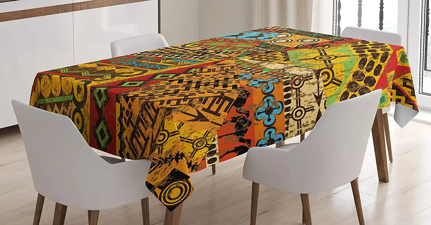 Design African Grunge Collage with Motifs Traditional Art Ornate Geometric Dining Room Kitchen Custom Table Cover