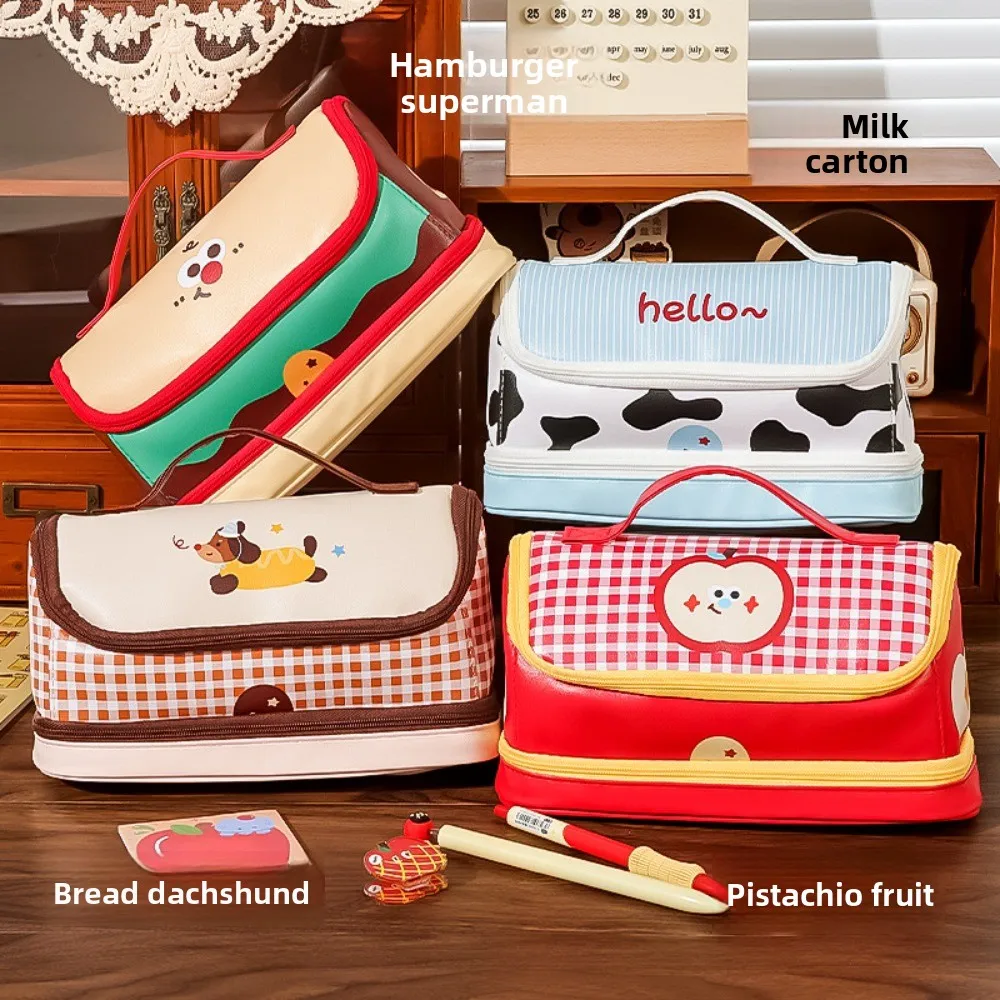 

Портативный пенал-органайзер из искусственной кожи в форме домика, водонепроницаемый, для еды, фруктов, бургеров, с изображением коровы, большой, в форме домика, для канцелярских принадлежностей, с изображением сосиски-собаки