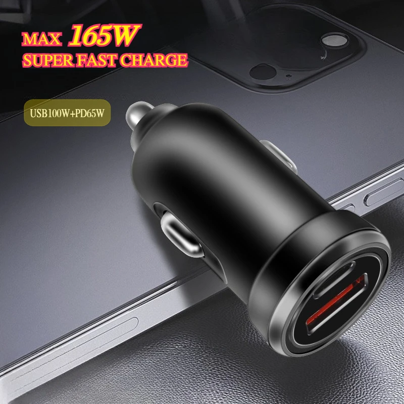 

100W 165W 2 Port Mini Car Charger with PD65W/QC3.0 Super Fast Charging USB car Cigarette Lighter Adapter for phones
