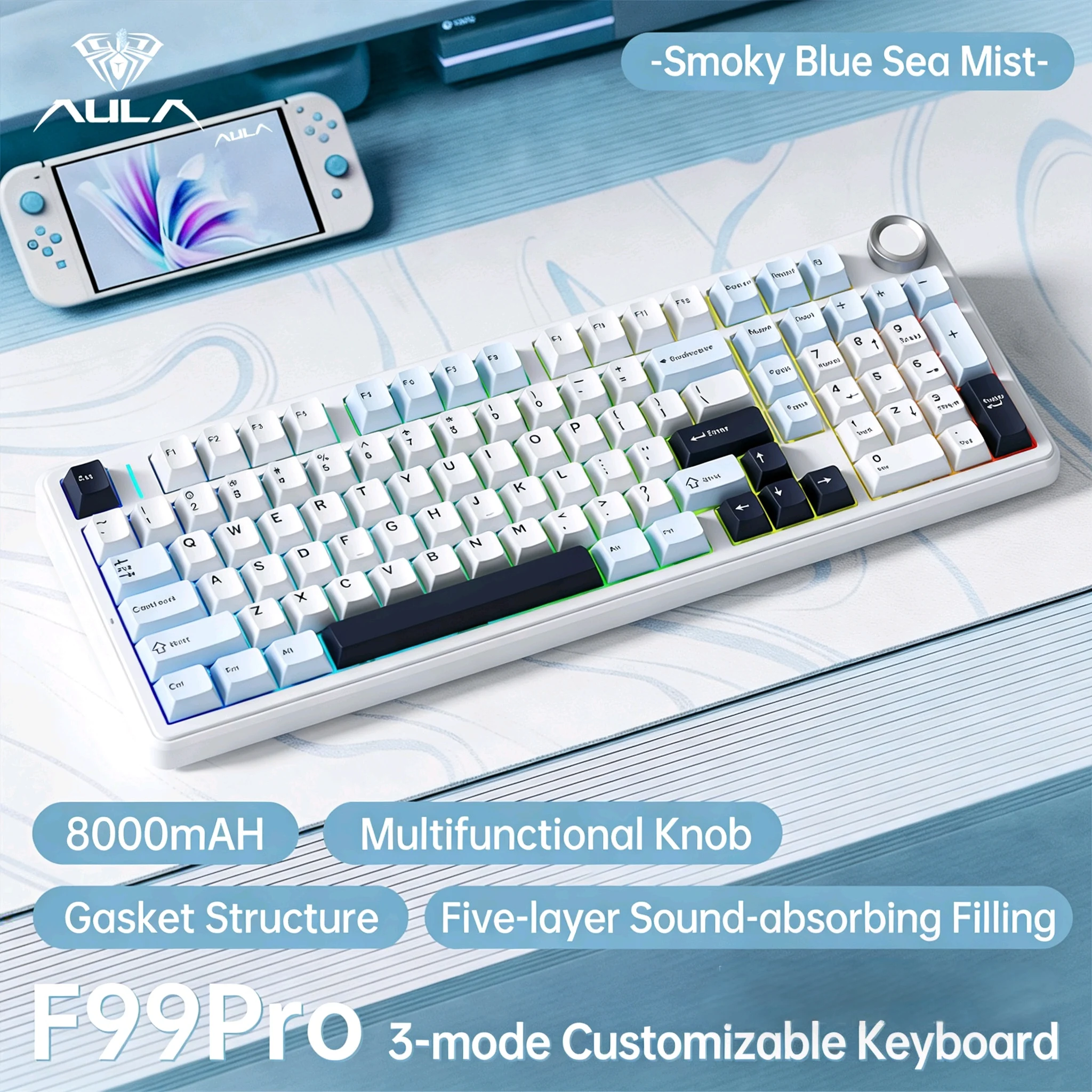 AULA F99PRO Mechanical Keyboard 99 keycaps Three Mode Hot Swappable Gasket Structure Wireless Gamer Keyboard with Media Knob