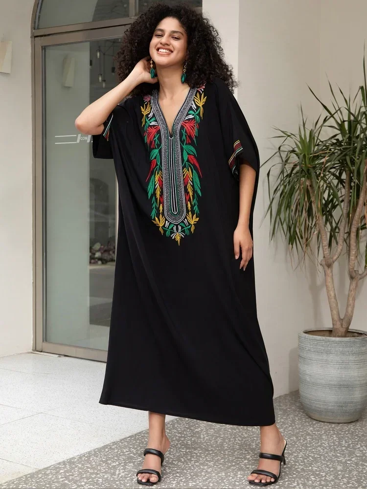 Embroidered Black Women Loose Kaftan Robe Summer Dresses Women 2024 Cozy Bohemian Holiday Beachwear House Dress Outfit Q1657