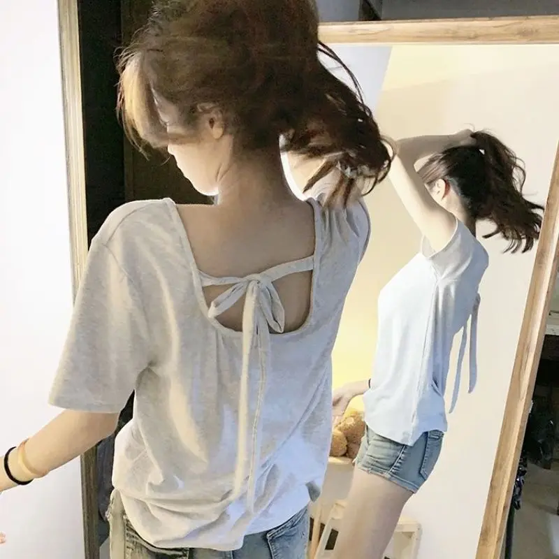 Women Summer Korean Loose Fashion Lacing Solid Color Halter Short Sleeve T-Shirt Women Clothes Casual All-match Appear Thin Tops