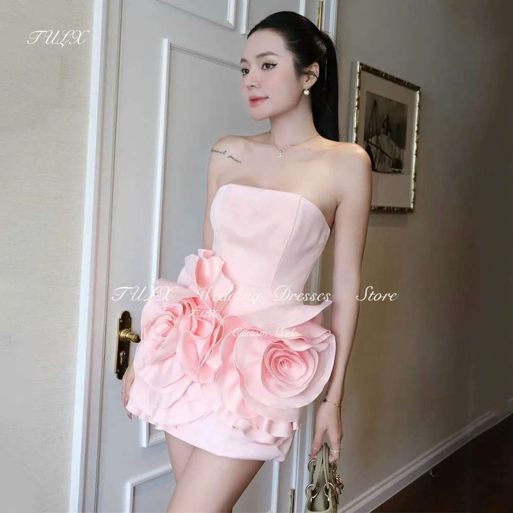 

TULX New Straight Mini Prom Cocktail Dress Strapless Short Wedding Party Dress Sleeveless Flowers Satin Prom Gown Customized
