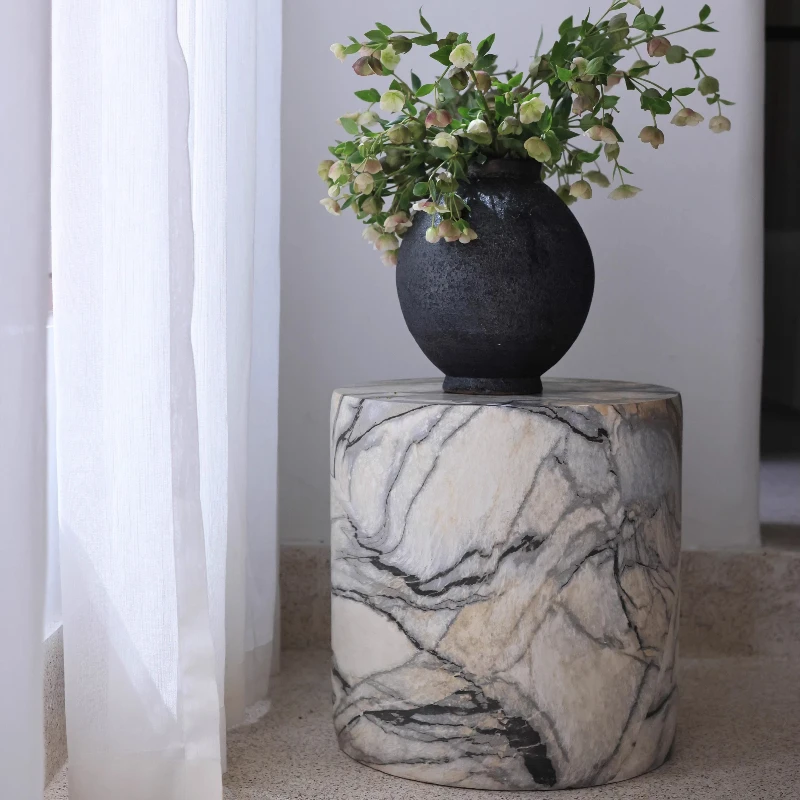 Black White Side Tables Cylindrical Imitate Marble Flowerpot Stand Artistic Coffee Table for Living Room Modern Sofa End Tables