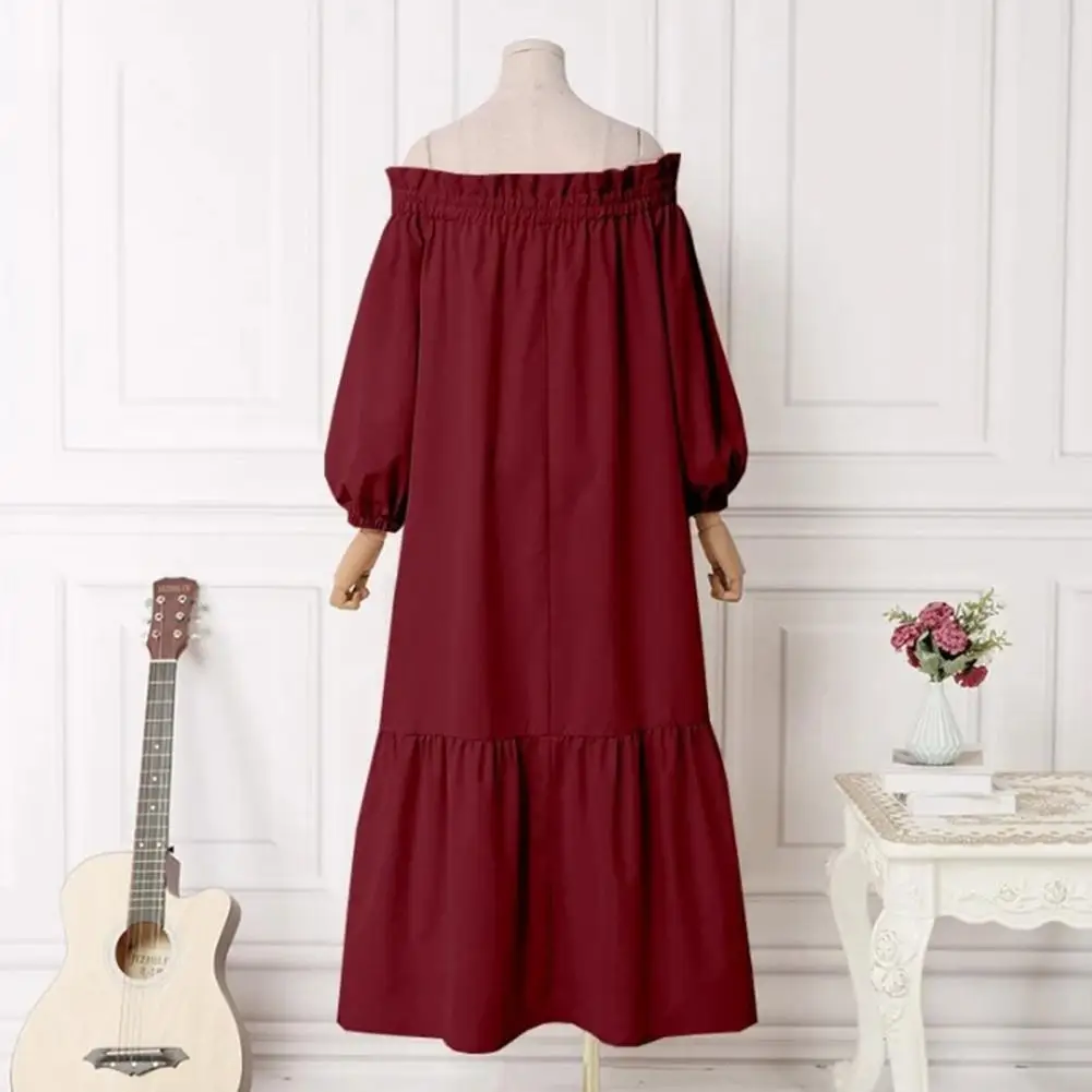 Vintage Women Dress Loose Off Shoulder Lantern Long Sleeve Baggy Dress Pullover Solid Color Spring Midi Dress