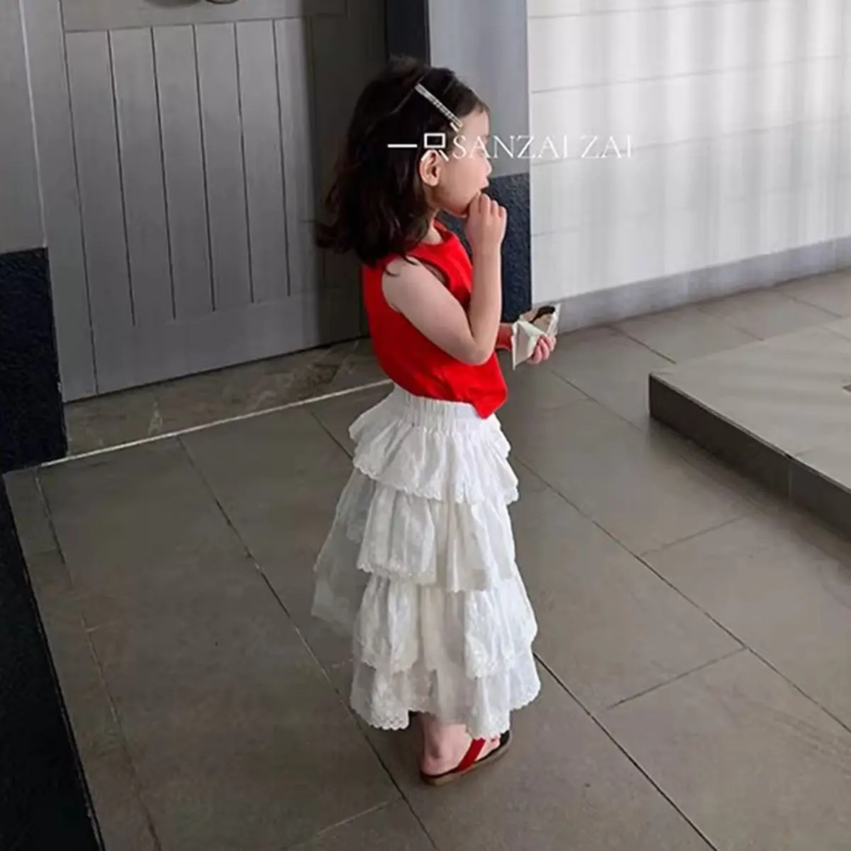 Girls Summer Clothing Sets New Children Sweet Red Slim Fit Tank Top and Lace Tiered Cake Skirt 2 Piece Kids Fashion Outfit