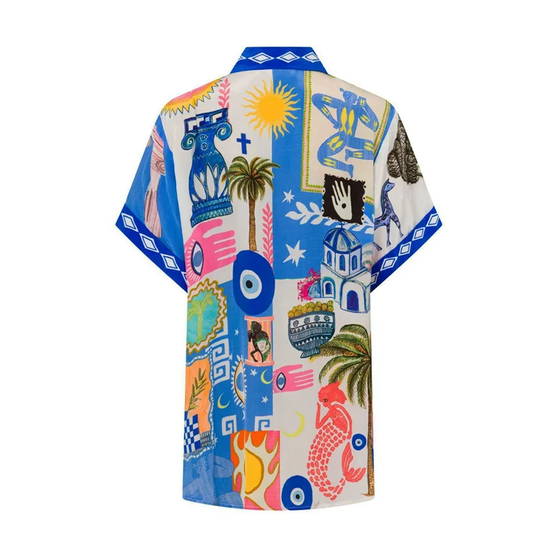 ABRT - Damskie 2-częściowe zestawy: codzienna koszula zapinana na guziki w kwiaty i szorty ze sznurkiem, letni komplet