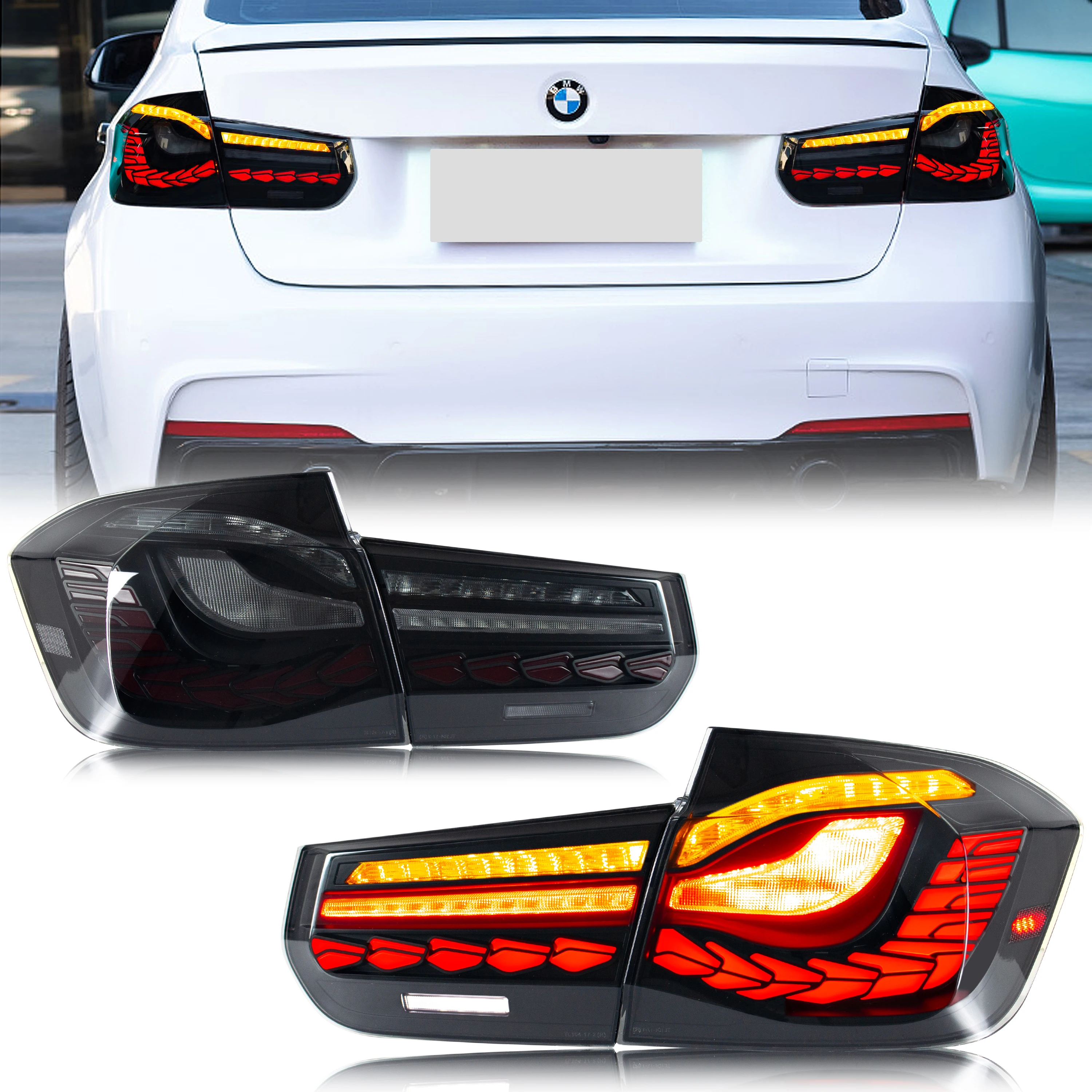 2 Stück GTS-Style LED-Rückleuchten für BMW 3er F30 F80 M3 2013-2018, dynamischer sequenzieller gelber Blinker, Tagfahrlicht, Bremslicht, Plug-and-Play, IP67 wasserdicht