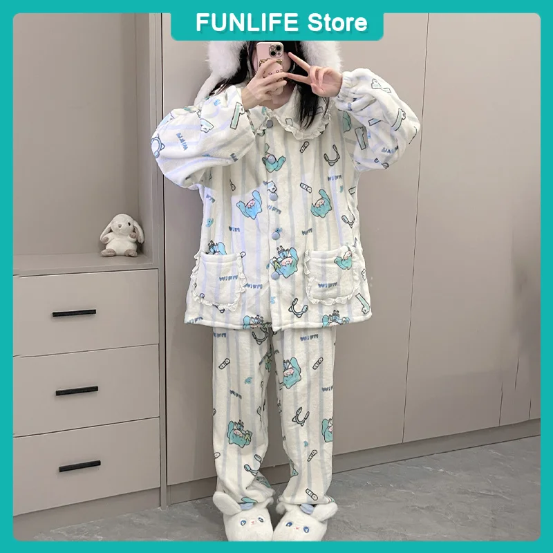 2pcs Set Hatsune Miku Pajama Cartoon Coral Velvet Sleepwear Miku Plush Sleepwear Winter Home Clothing Girls Gifts