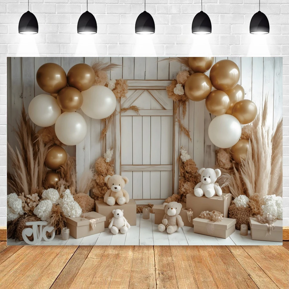 Baby 1st Birthday Backdrop Bohemian Pampas Toy Bear Brown Arch Balloon Kids Birthday Party Cake Smash Photography Background