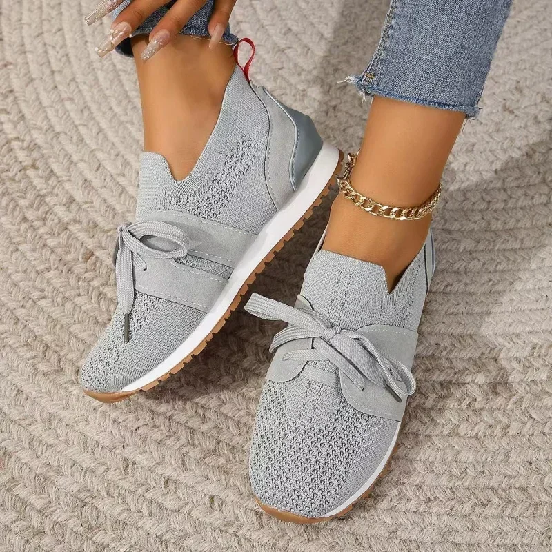 2024 Brown Knit Breathable Womens Sneakers Shoes New Platform Flats Woman Plus Size 43 Non Slip Casual Shoes Mesh Tenis De Mujer