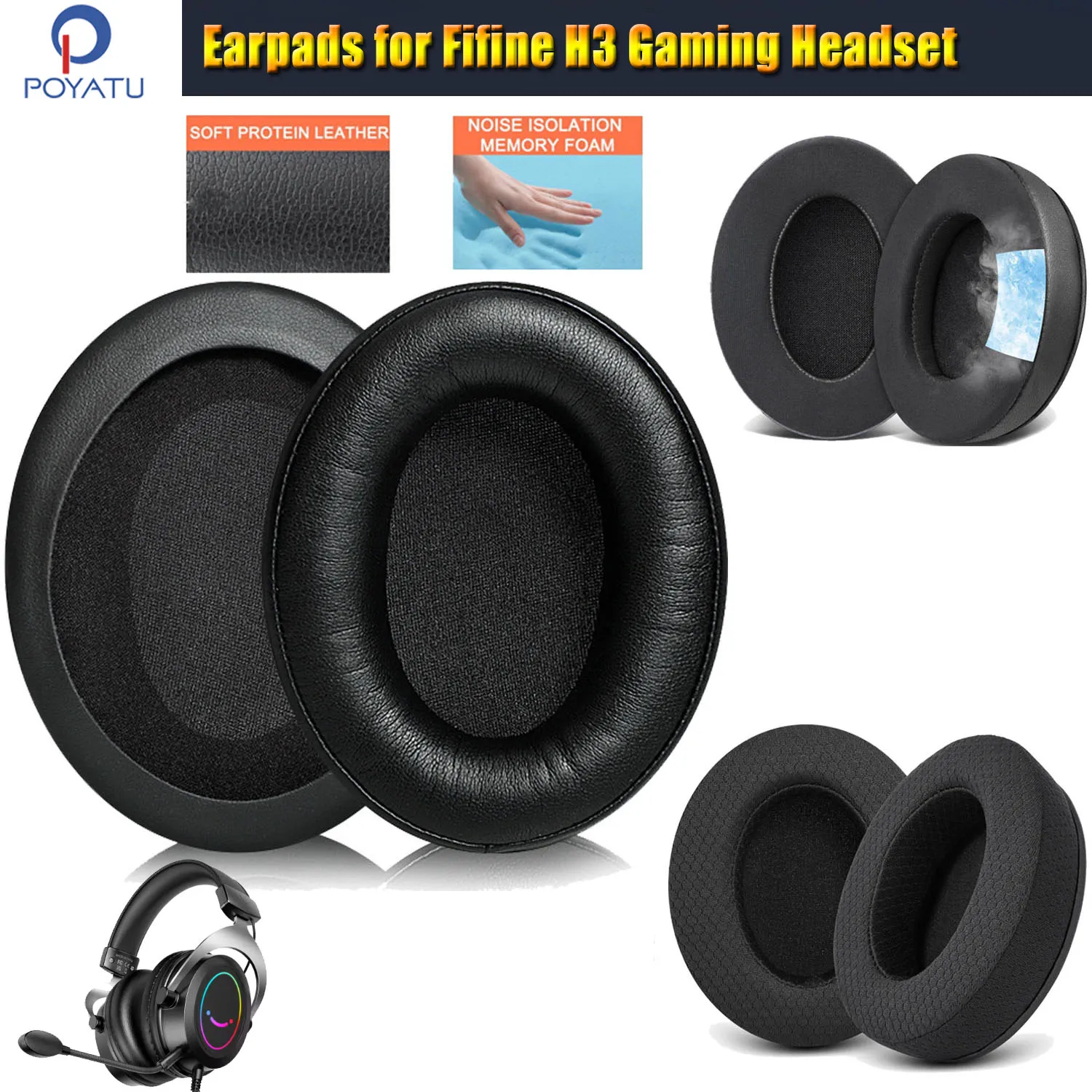 Fifine H3 ゲーミングヘッドセット用ヘッドフォンイヤーパッド交換用イヤークッションパッドカバーイヤーマフ