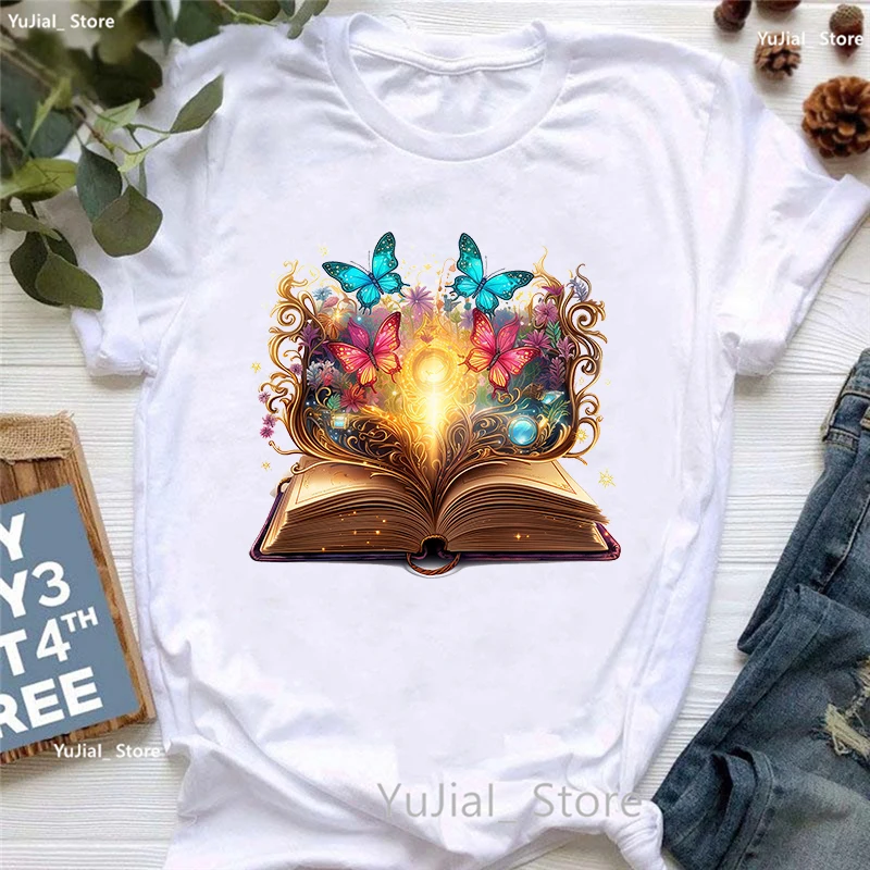 Mushroom Fantasy Books Printed T Shirt Girls Vintage Mystical Book Tshirt Women Summer Fashion T-Shirt Femme White T-Shirt