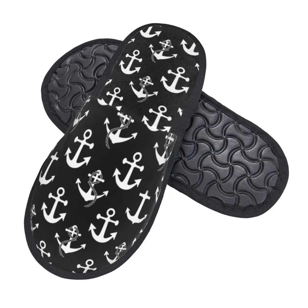 Custom Black And White Nautical Anchor Pattern Memory Foam Slippers Women Cozy Warm Sailing Sailor House Slippers