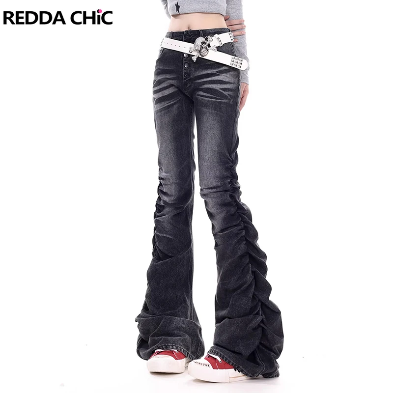

REDDACHiC Button Down Shirring Jeans Women Vintage Black Do Old Slim Low Waist Ruched Bootcut Pants Harajuku Grunge Streetwear