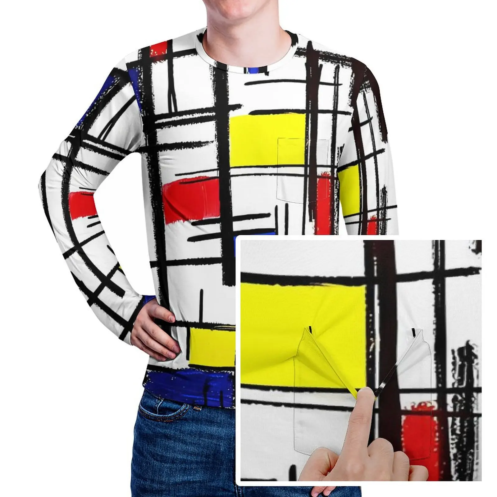 Mondrian T Shirt De Stijl Modern Art Man Vintage T-Shirts With Pocket Daily Graphic Tees Long Sleeve Streetwear Oversize Gift