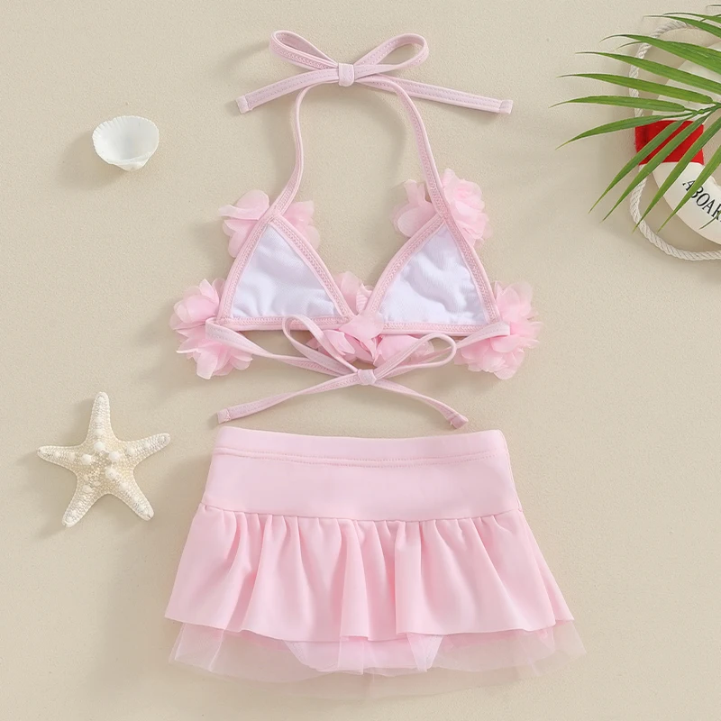 0-24M Baby Girl Swimsuit 2 Piece Bikini Set Halter Neck 3D Flower Tie Up Tops + Elastic Waist Shorts Sheer Mesh Bathing Suit